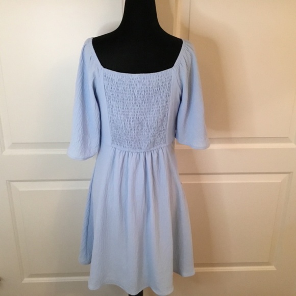 Women’s Sky Blue V Neck Flutter Bell Sleeve Mini Dress - Picture 5 of 6